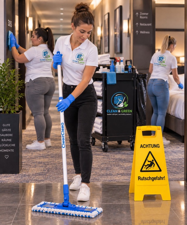 Mitarbeiterinnen von Clean & Green reinigen einen Hotelflur